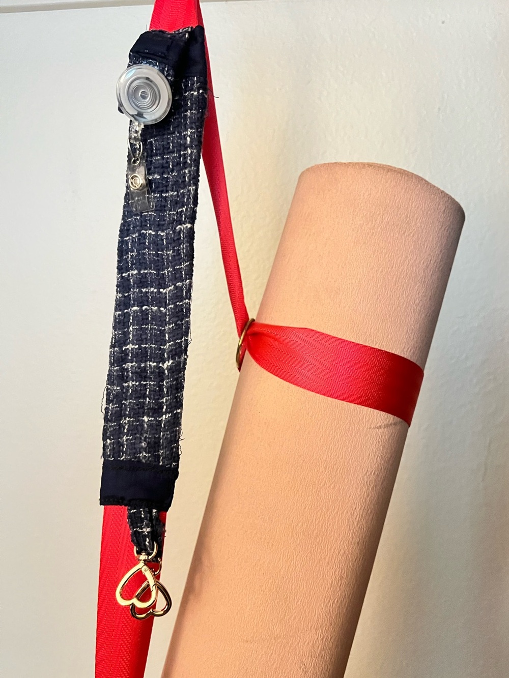Adjustable Pink Yoga Mat Strap with Navy Blue Tweed Shoulder Pad